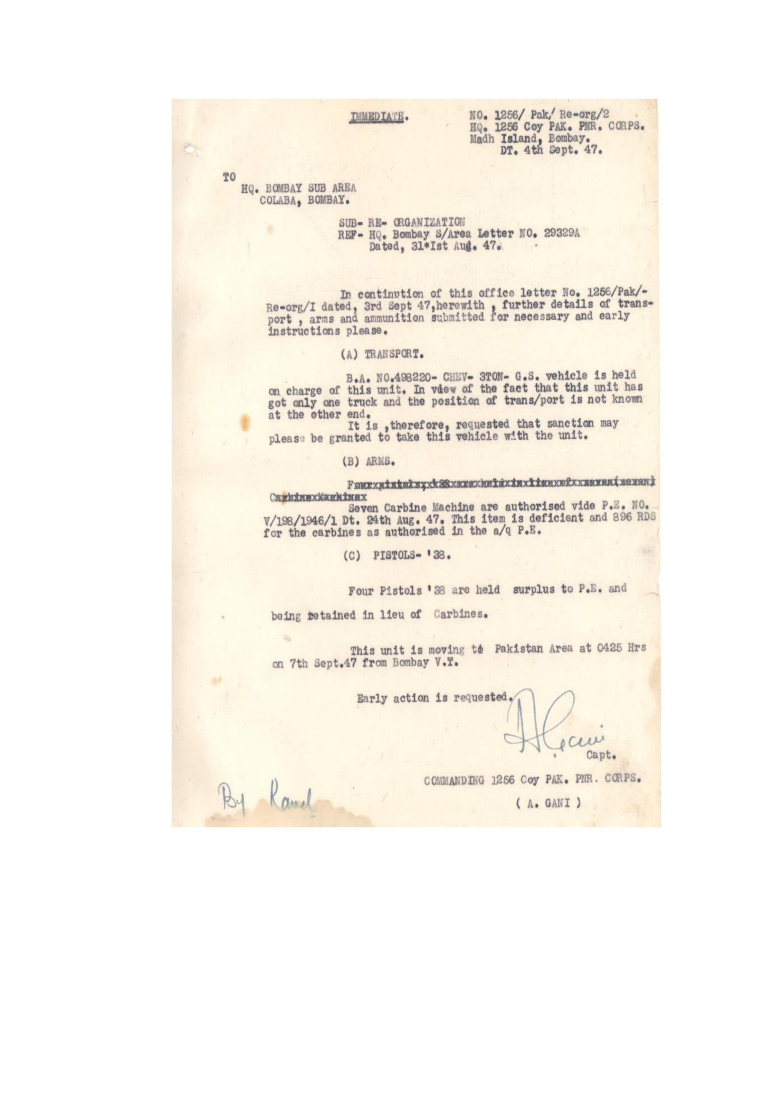 Letter requsting permission to move from India 1947